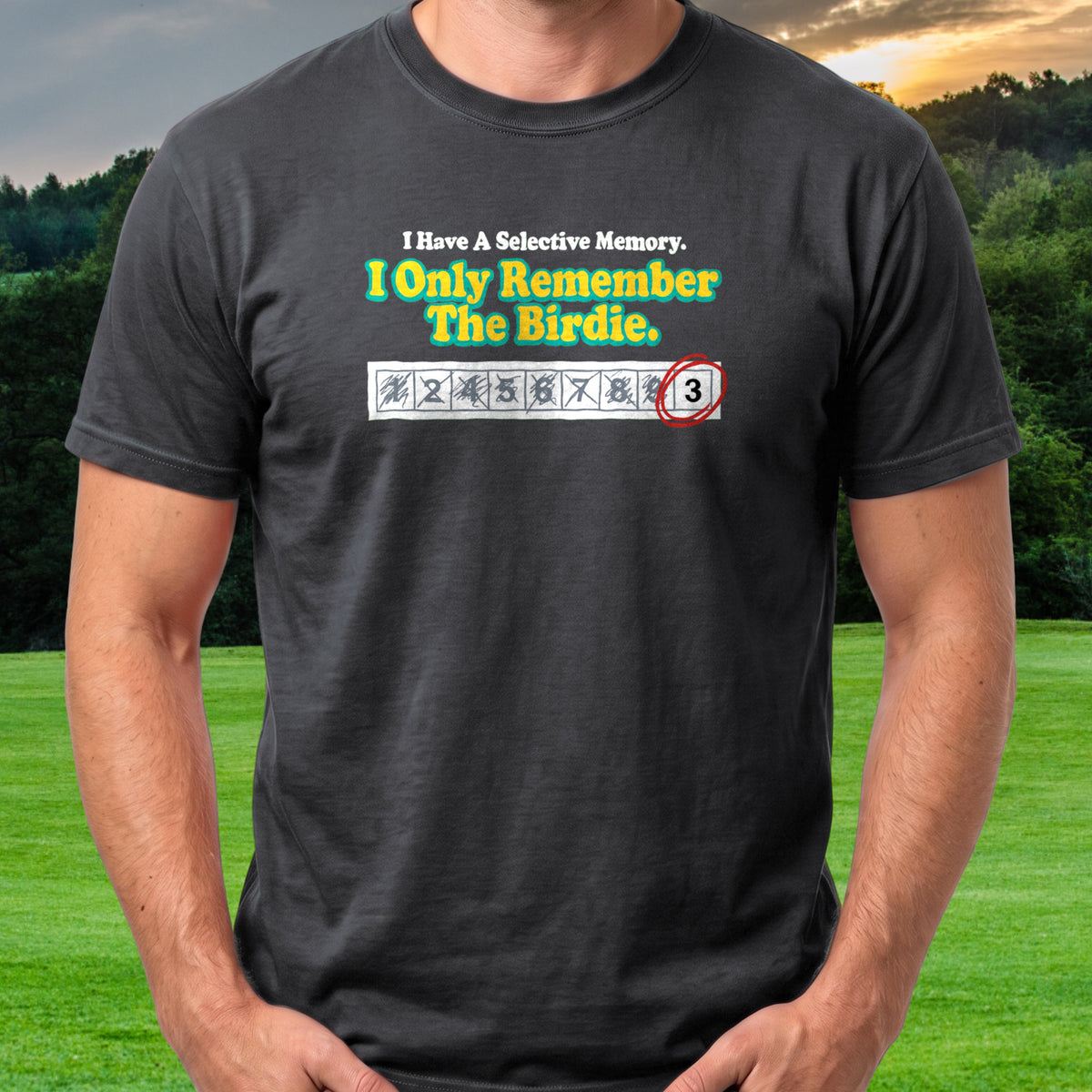 Selective Memory Tee worn on the golf course, Black
