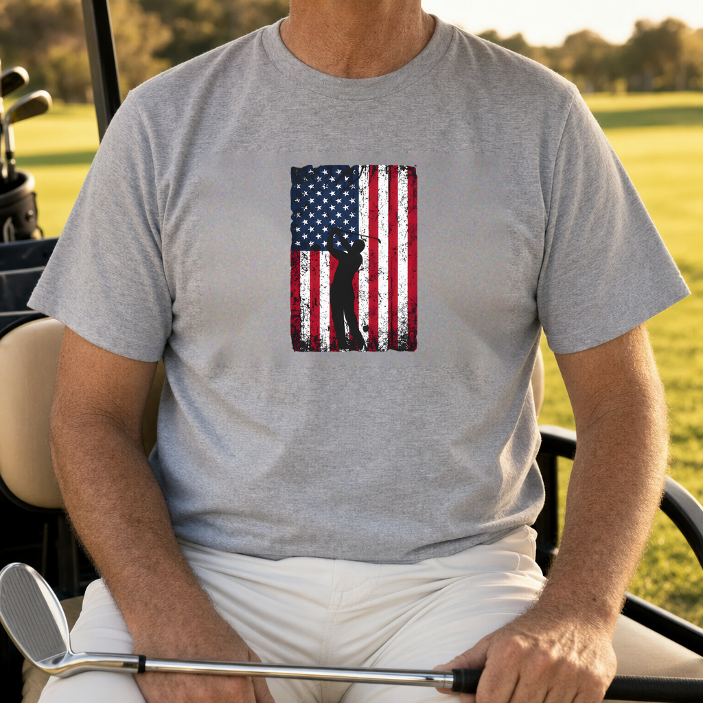 Flag Swing Tee worn on the golf course, Sport Grey