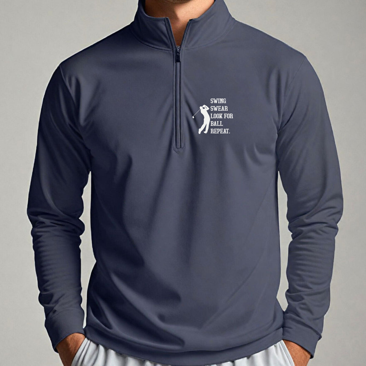 Swing Swear Repeat Quarter Zip worn, Navy