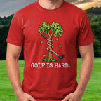 Golf Is Hard Tree Tee worn on the golf course, Red