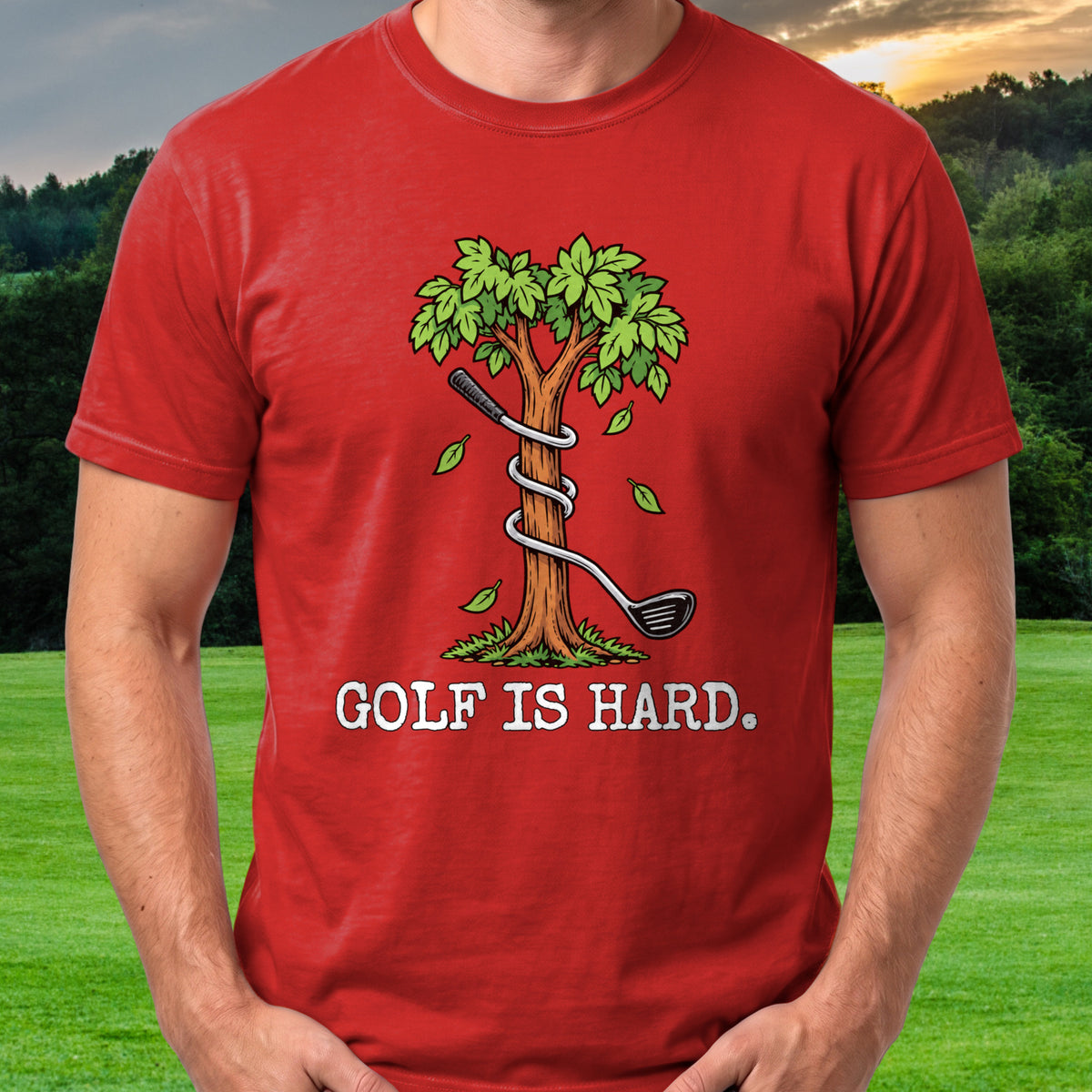 Golf Is Hard Tree Tee worn on the golf course, Red