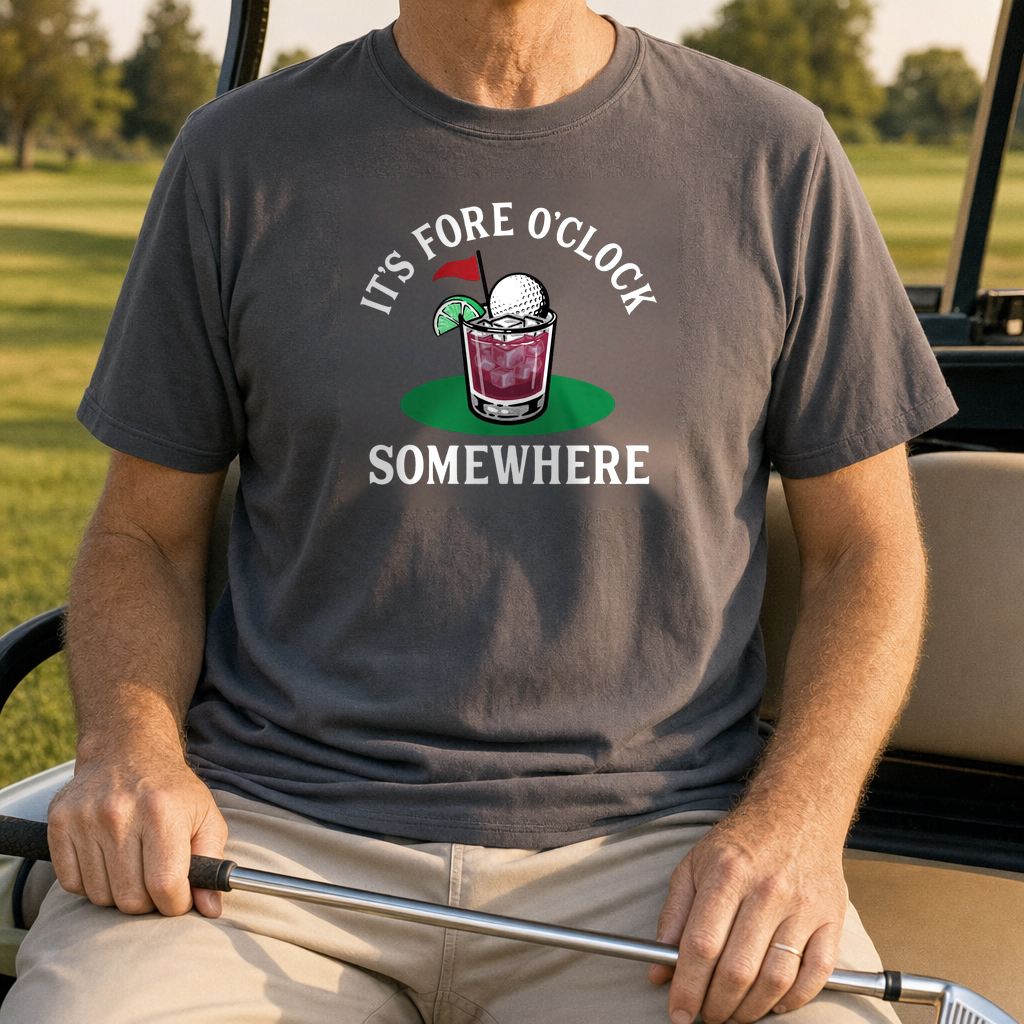 Fore O'Clock Somewhere Heavyweight Tee worn on the golf course, Pepper