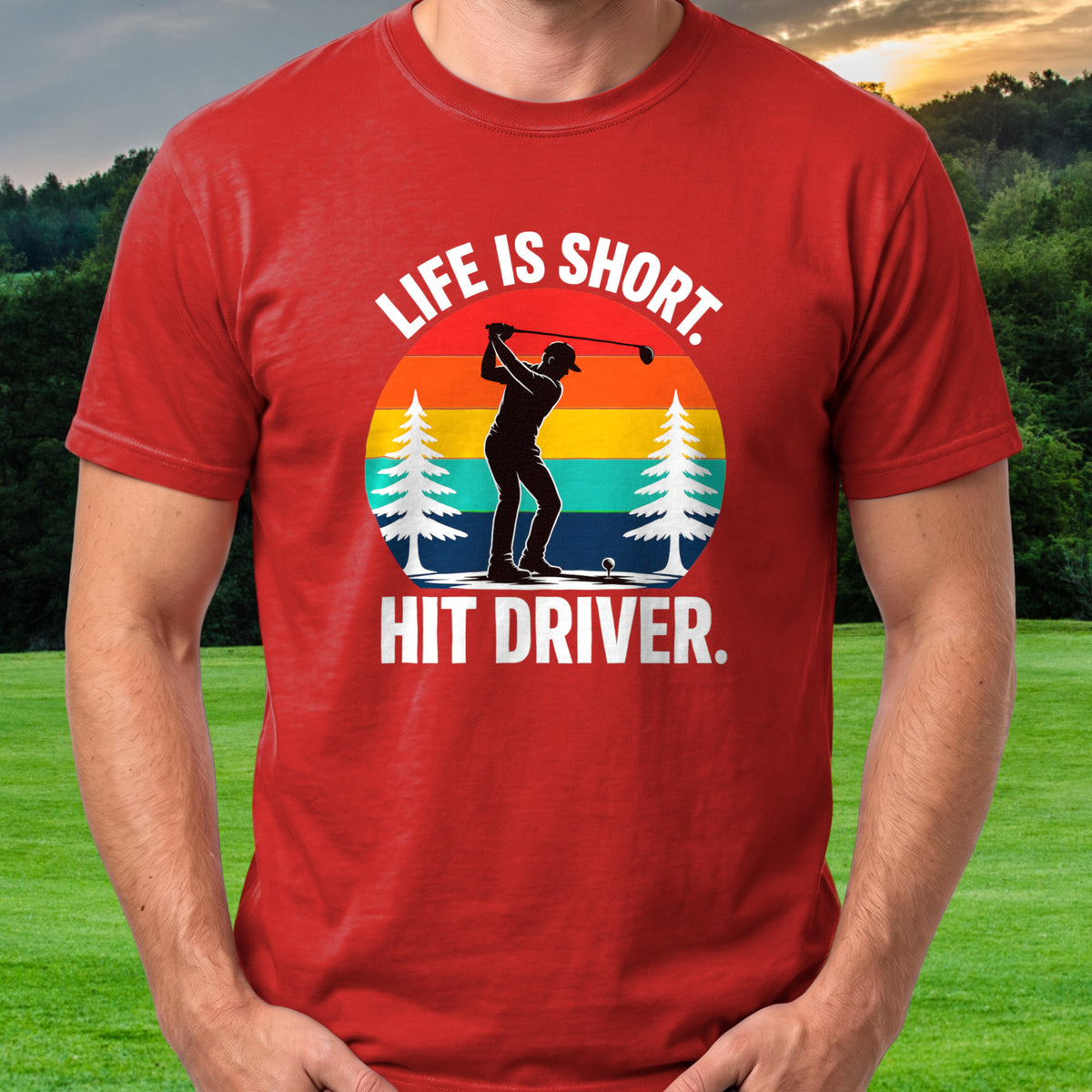 Life Is Short Tee worn on the golf course, Red