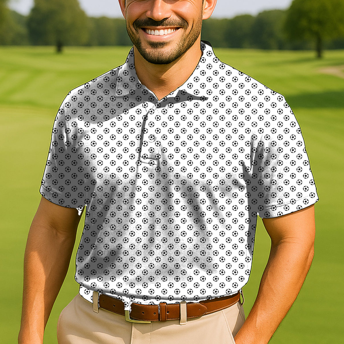Soccer Balls Performance Print Polo worn on the golf course
