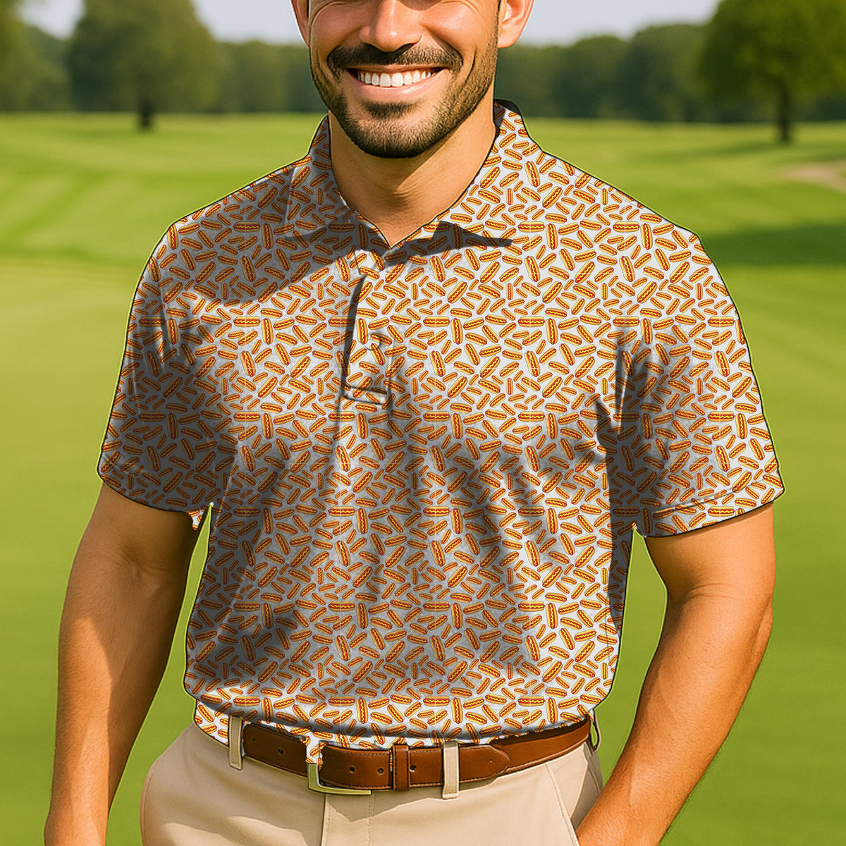 Hot Dogs Performance Print Polo worn on the golf course