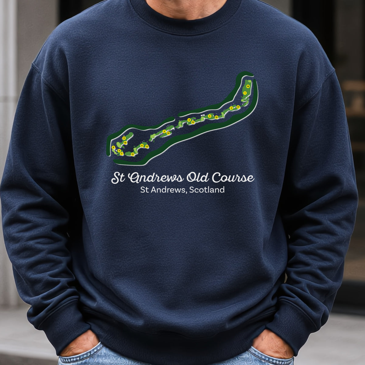 St Andrews Course Map Sweatshirt worn, Navy