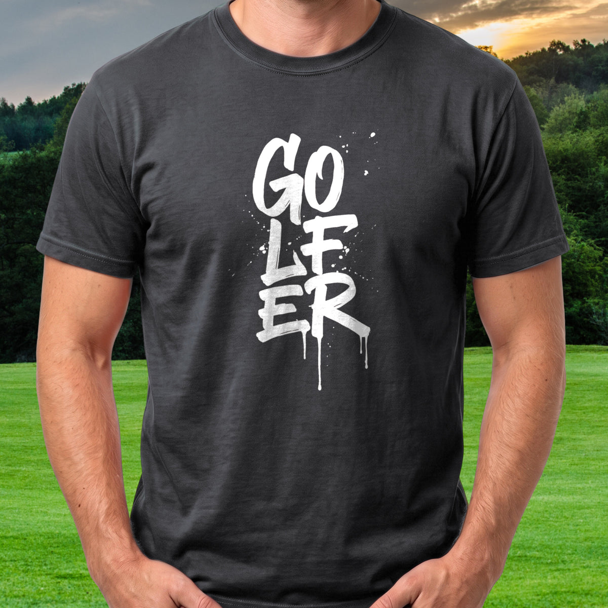 Golfer, Graffiti Drip Tee worn on the golf course, Black
