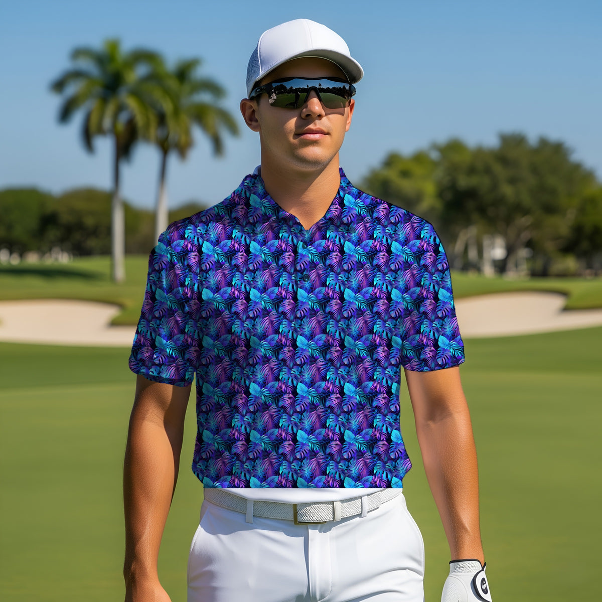 Neon Jungle Performance Print Polo worn on the golf course