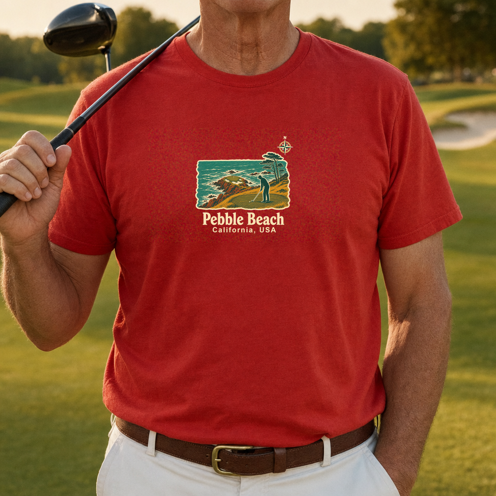 Pebble Beach Travel Poster Tee worn on the golf course, Red