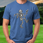 Martini Skeleton Strut Drip Tee worn on the golf course, Royal