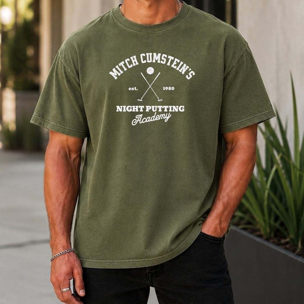 Mitch Cumstein Night Putting Premium Tee worn, Moss