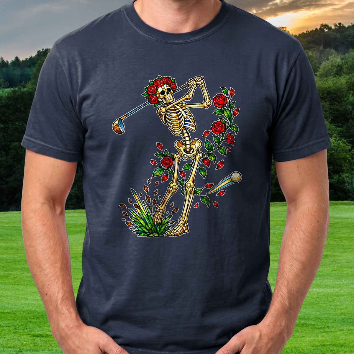 Rose Skeleton Stained Glass Tee worn on the golf course, Navy