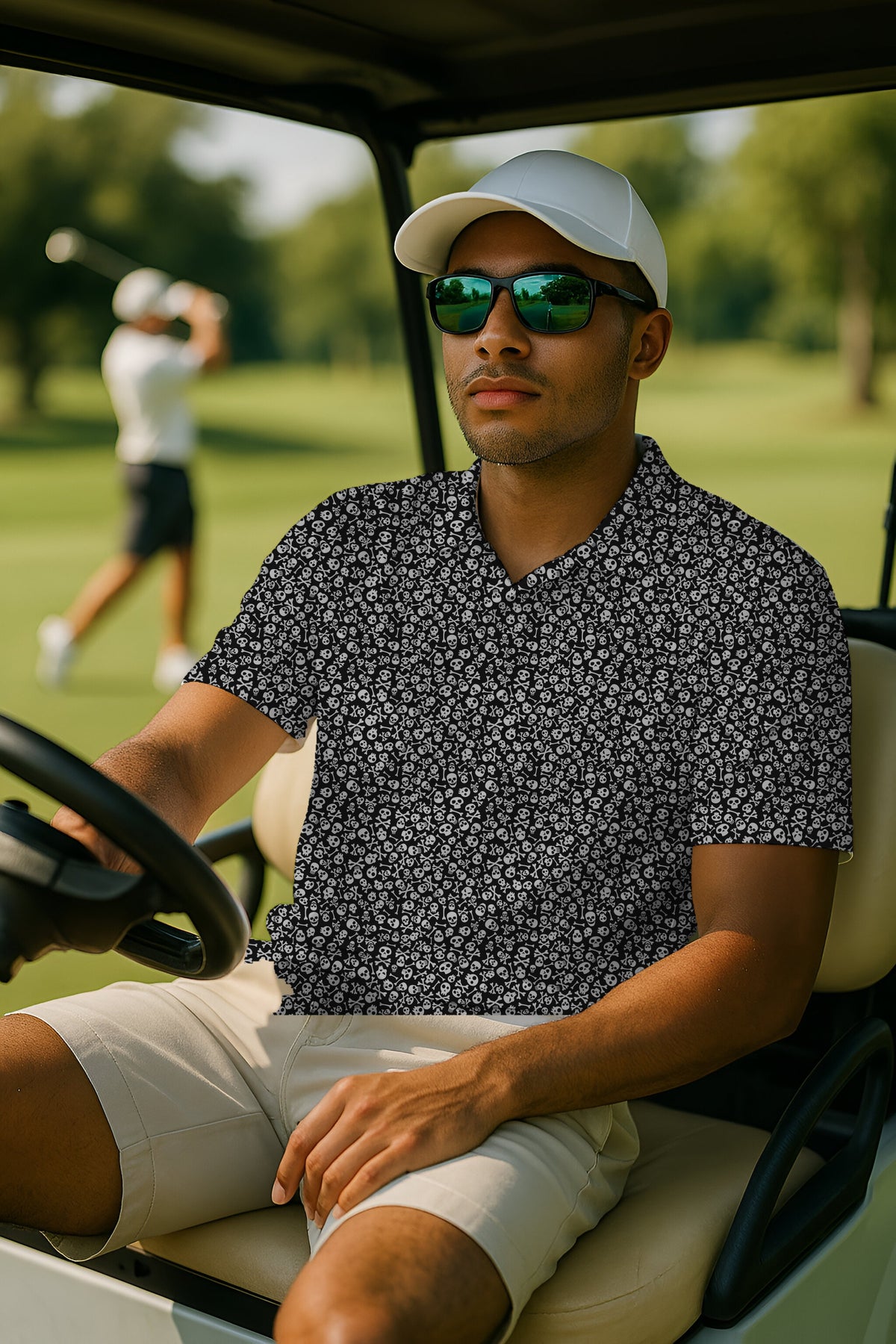 Skull Pile Performance Print Polo worn on the golf course