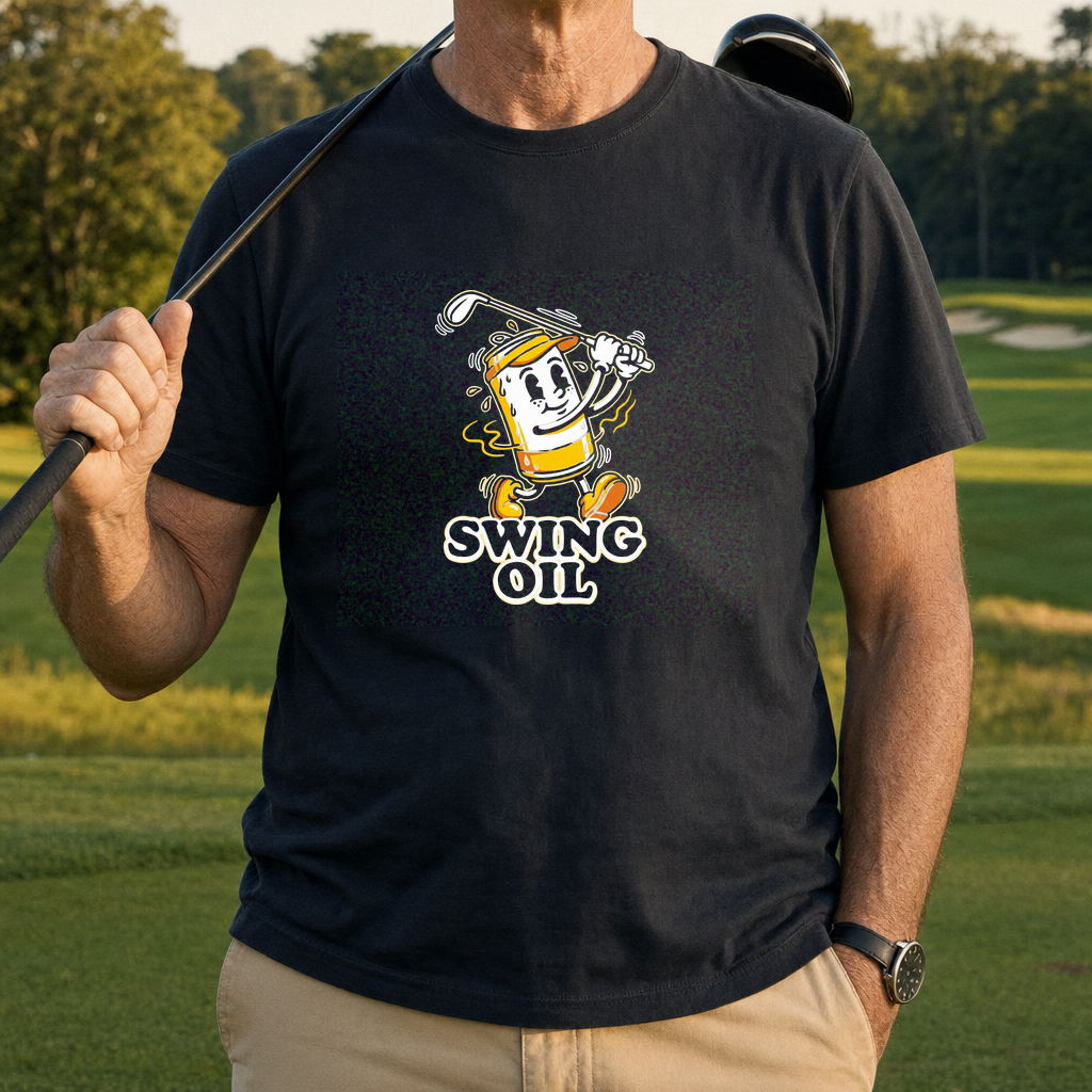 Swing Oil Beer Can Tee worn on the golf course, Black
