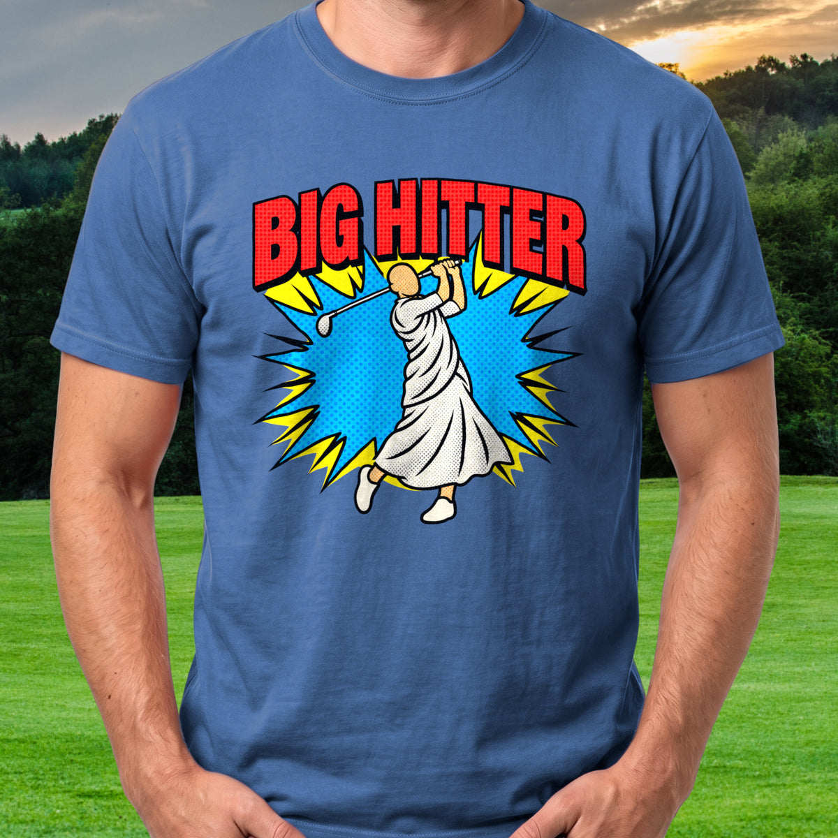 Big Hitter Pop Art Tee worn on the golf course, Royal