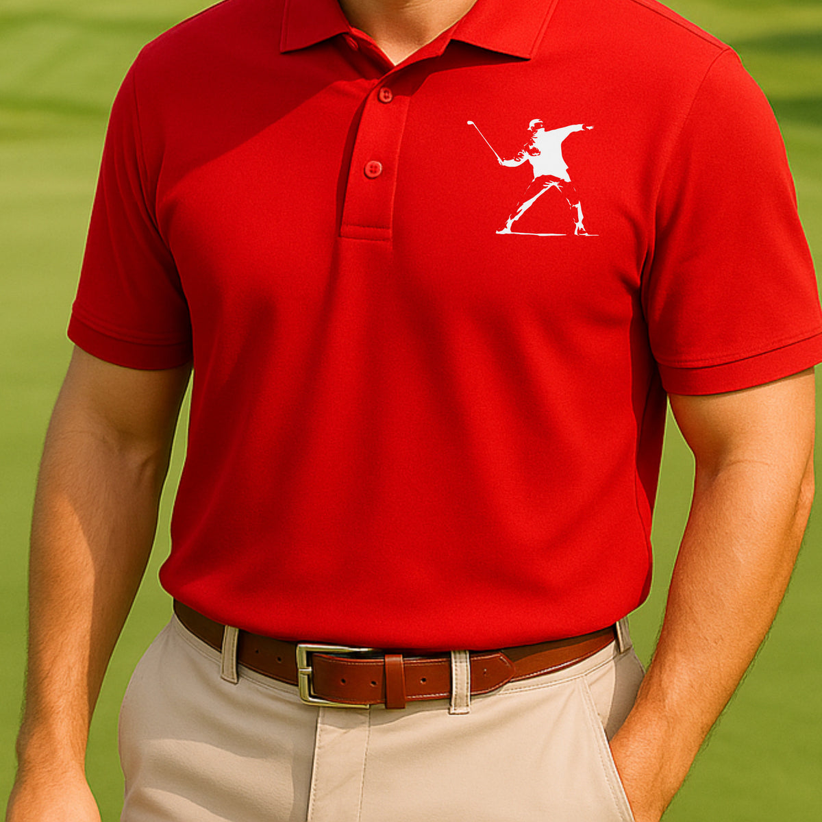 Club Thrower Performance Polo worn on the golf course, Red
