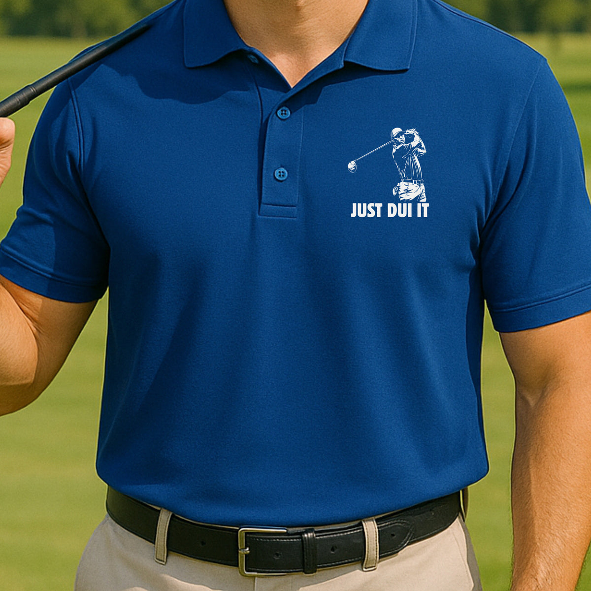 Just DUI It Performance Polo worn on the golf course, Royal