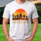 We Ride At Dawn Western Tee worn on the golf course, White