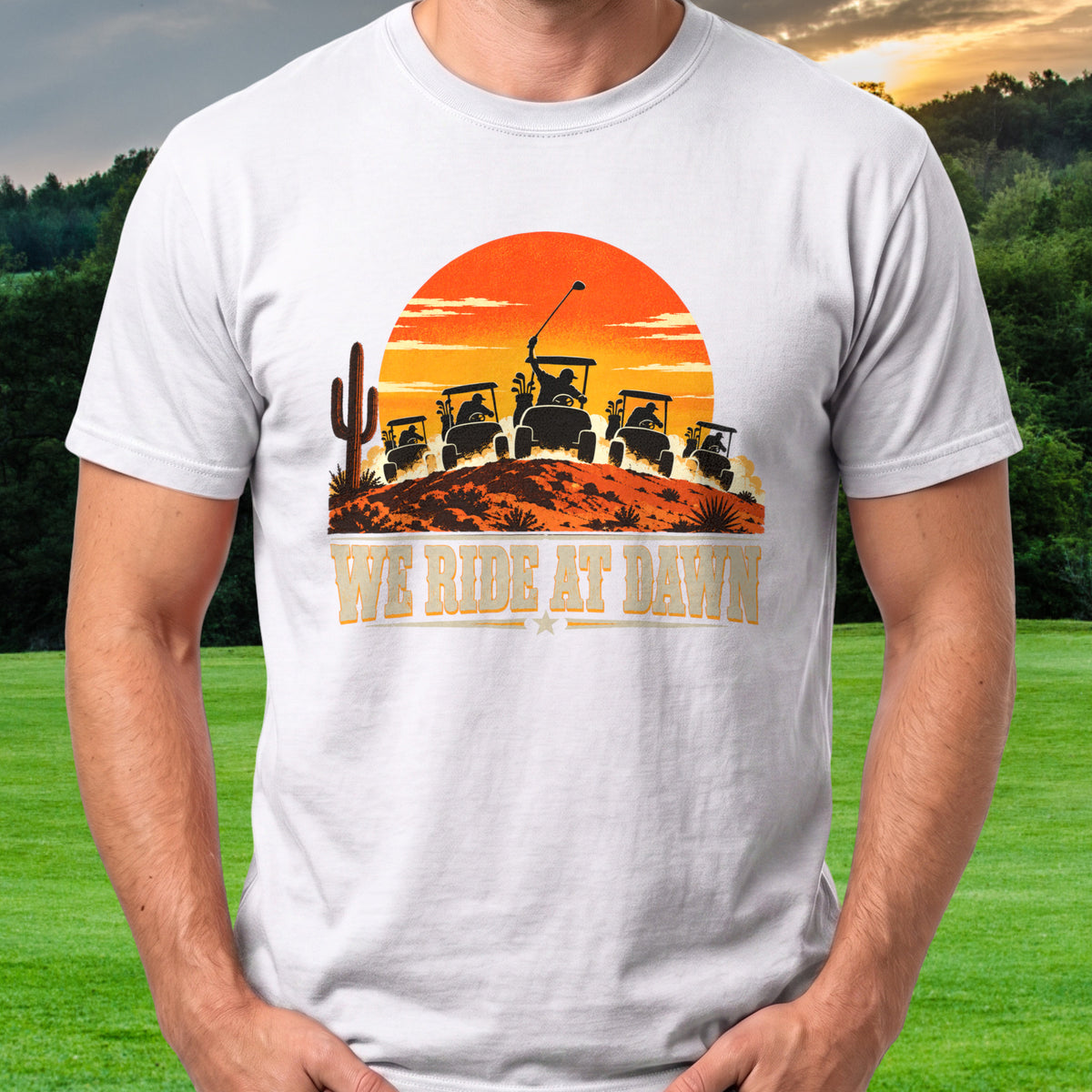 We Ride At Dawn Western Tee worn on the golf course, White