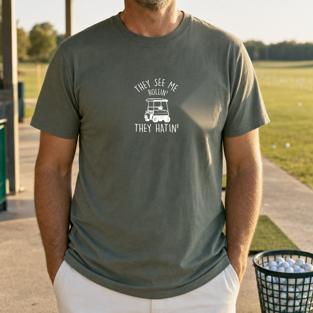 They See Me Rollin Tee worn on the golf course, Military Green