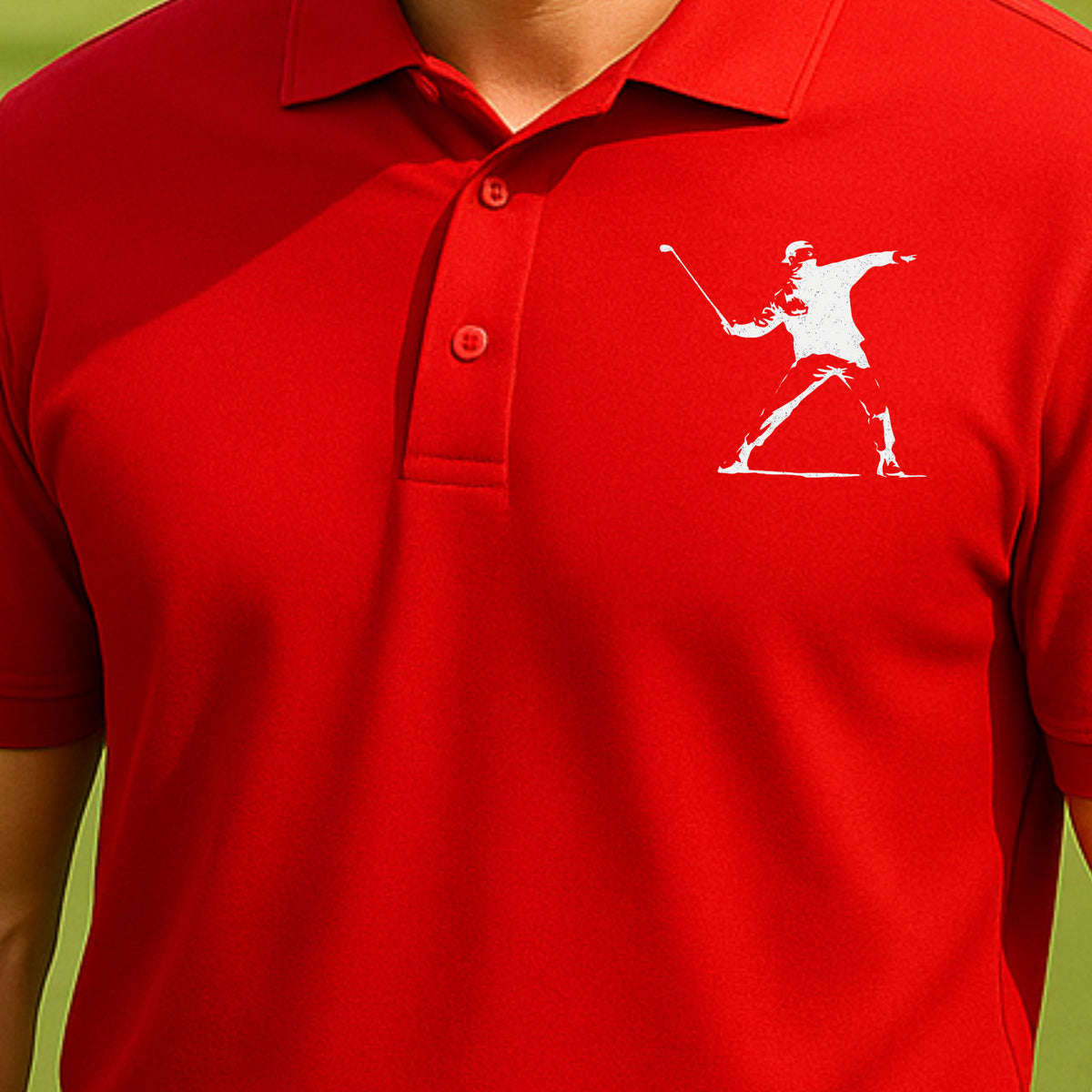 Club Thrower Performance Polo worn on the golf course, Red
