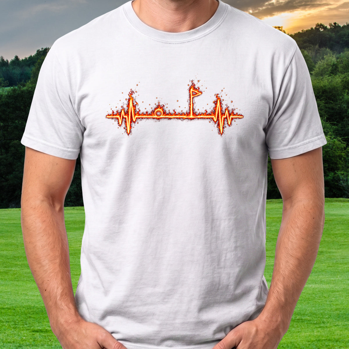 Flag EKG Fire Tee worn on the golf course, White