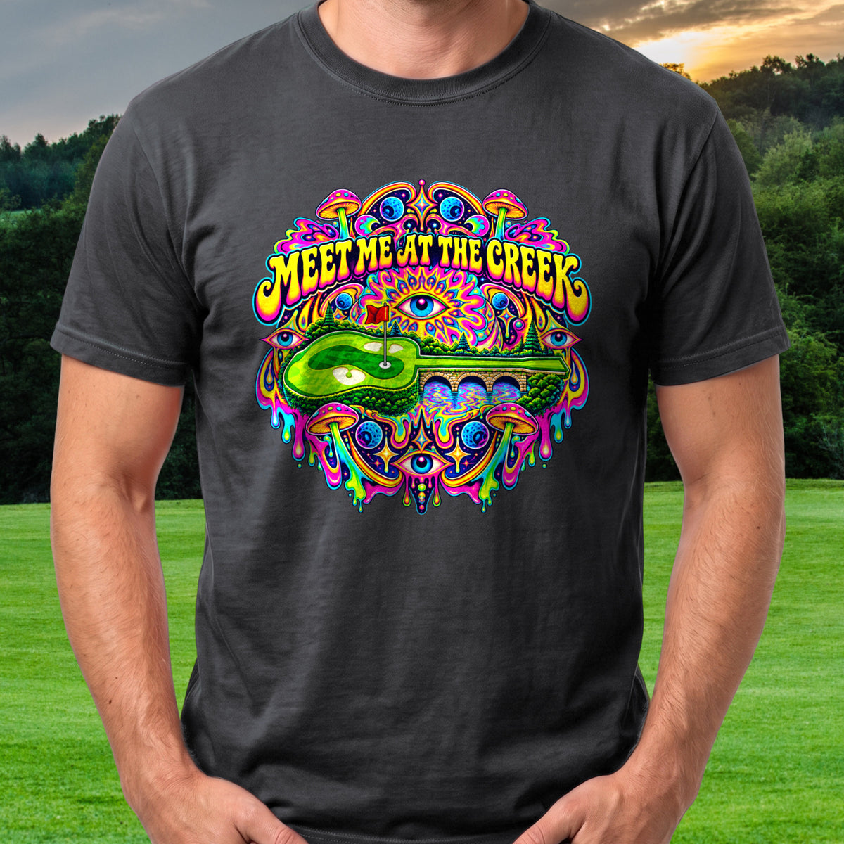 Meet Me At The Creek Psychedelic Tee worn on the golf course, Black