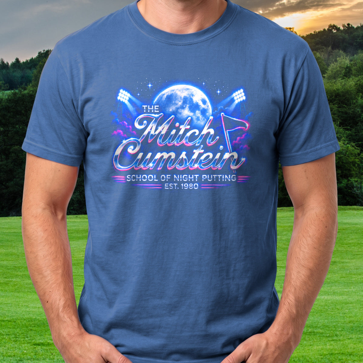 Mitch Cumstein Night Tour Tee worn on the golf course, Royal