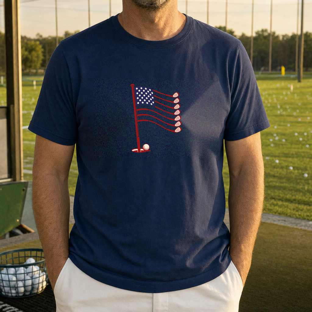 Old Glory On The Green Tee worn on the golf course, Navy