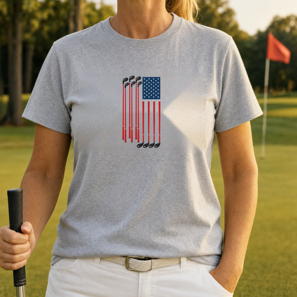 Golf Club Stars Flag Tee worn on the golf course, Sport Grey