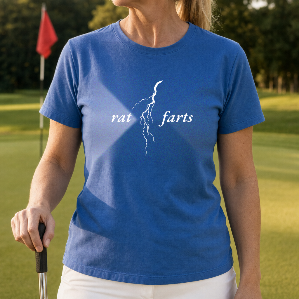 Rat Farts Lightening Tee worn on the golf course, Royal