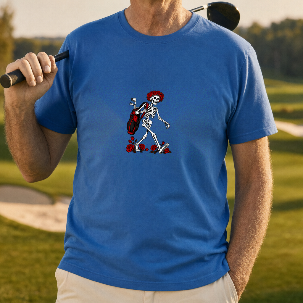 Rose Skeleton Bag Drop Tee worn on the golf course, Royal