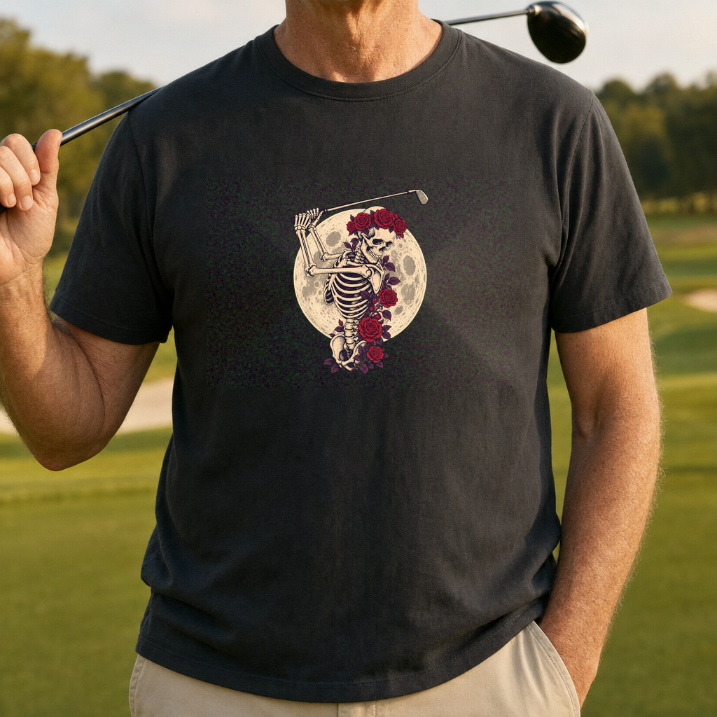 Rose Skeleton Night Bloom Tee worn on the golf course, Black