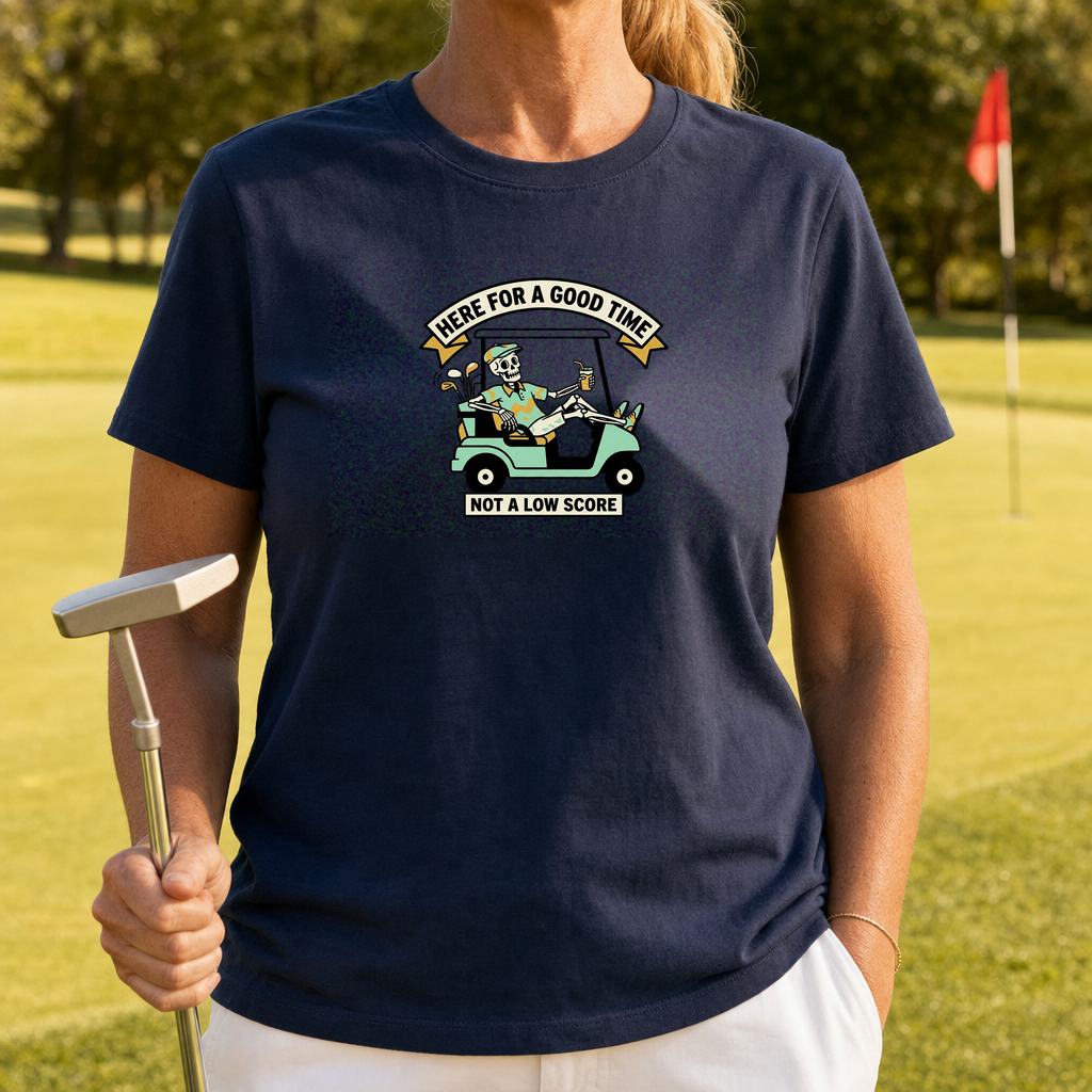 Here For A Good Time Tee worn on the golf course, Navy