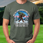 Wandering Sasquatch Christmas Tee worn on the golf course, Military Green