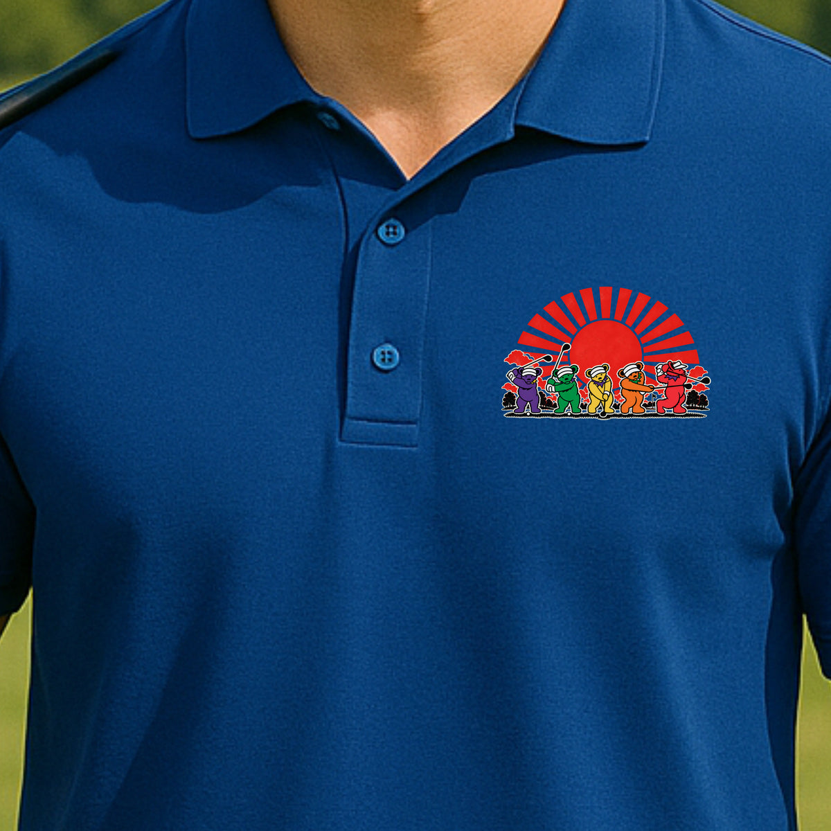 Golf Swing Bears Red Sun Performance Polo worn on the golf course, Royal