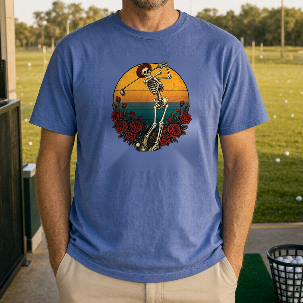 Skeleton Swing Sunset Heavyweight Tee worn on the golf course, Mystic Blue