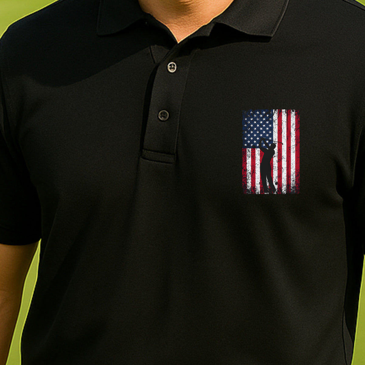 Flag Swing Performance Polo worn on the golf course, Black