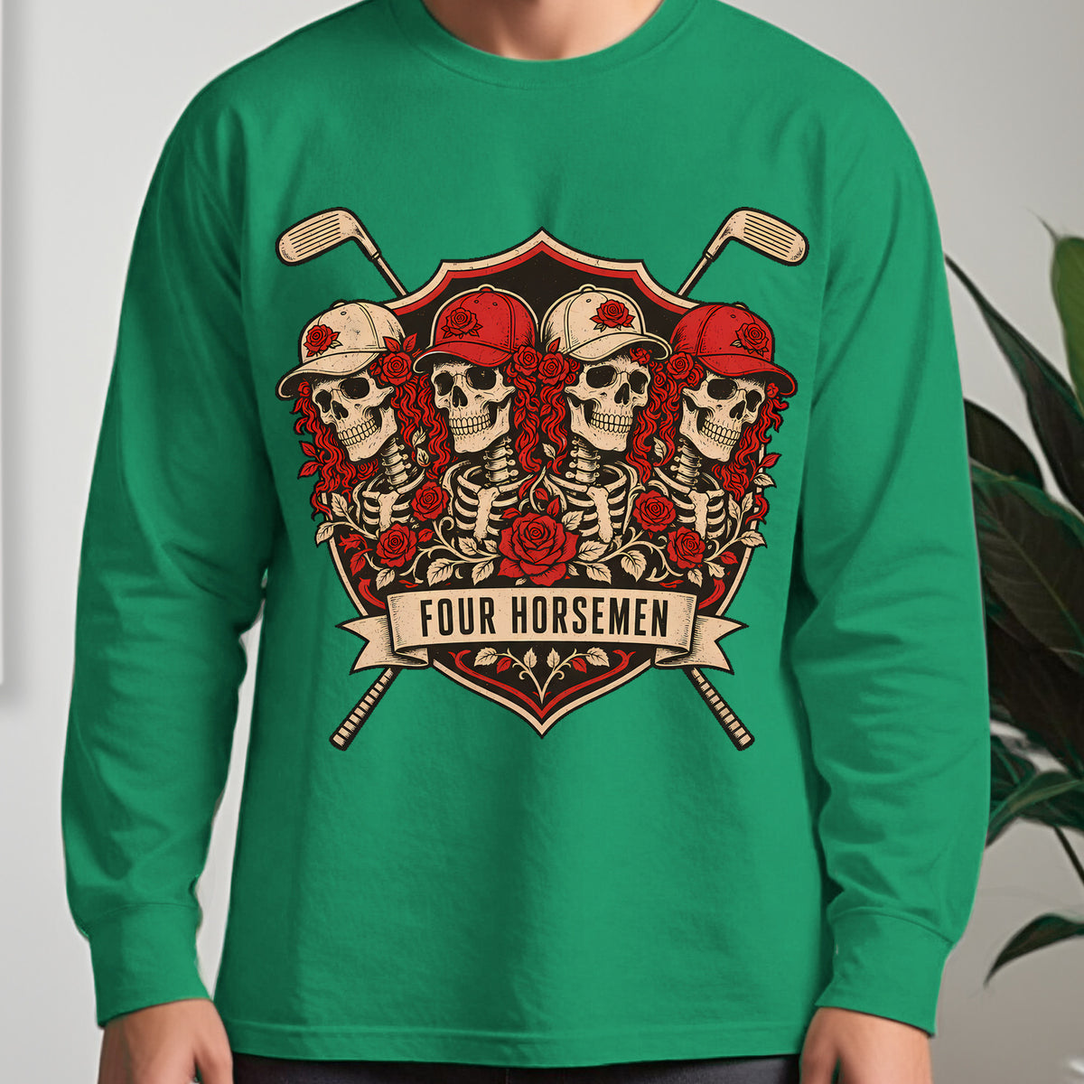 Four Horsemen Long Sleeve Tee worn, Irish Green