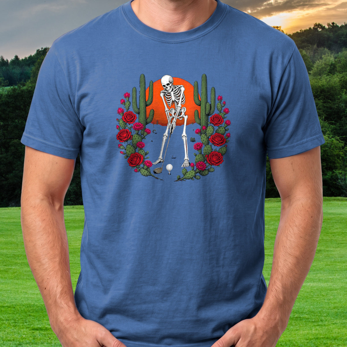 Desert Round Tee worn on the golf course, Royal