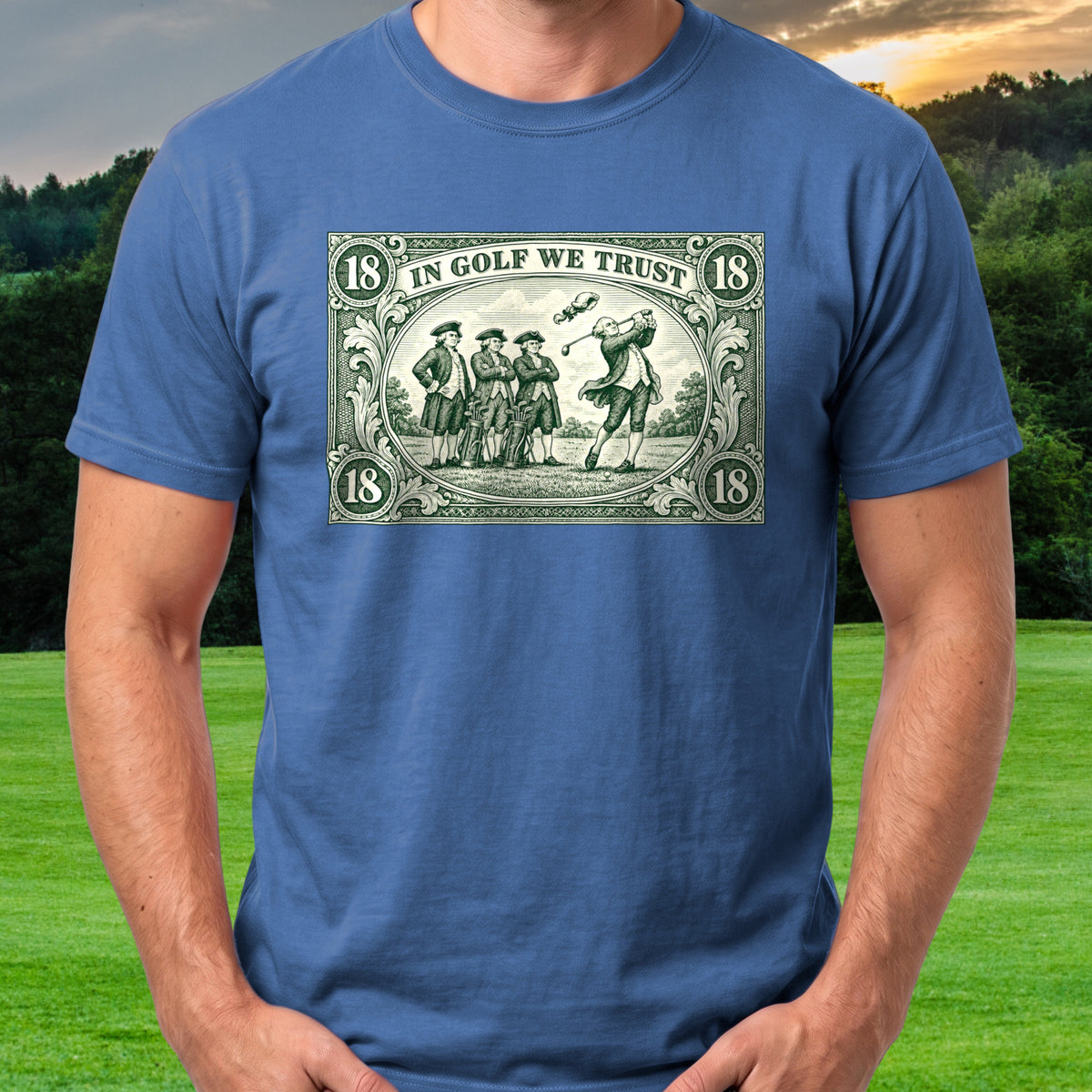 In Golf We Trust Tee worn on the golf course, Royal