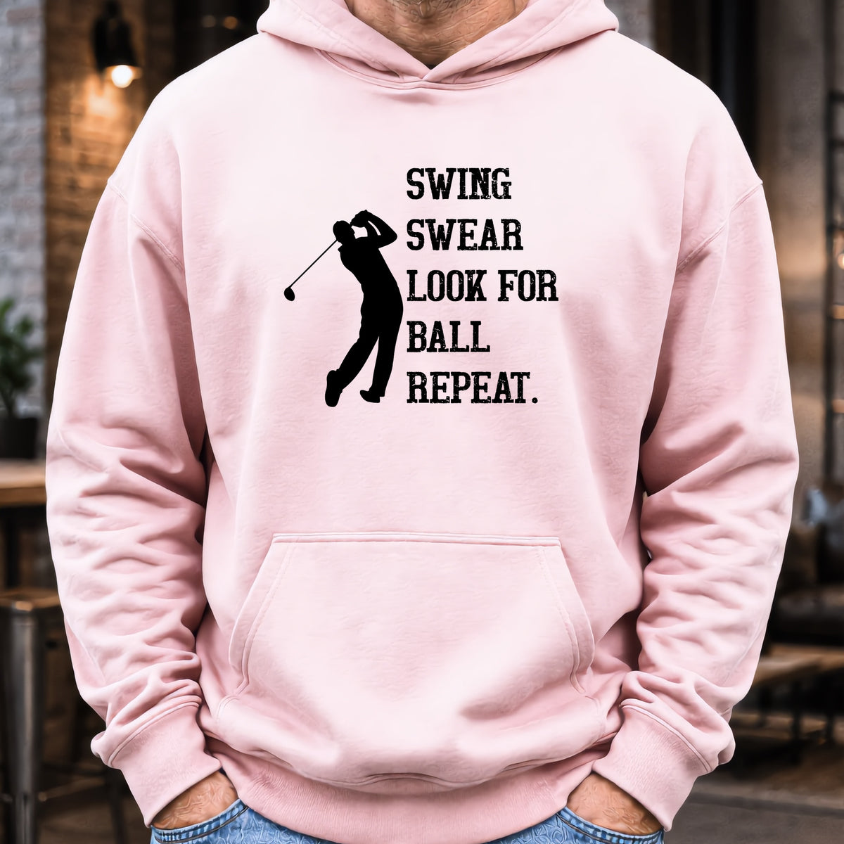 Swing Swear Repeat Hoodie worn, Light Pink