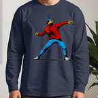 Club Thrower Pop Art Long Sleeve Tee worn, Navy