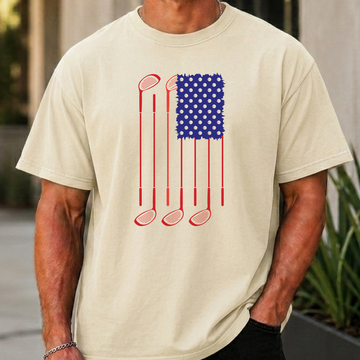 USA Flag Clubs & Balls Premium Tee worn, Ivory