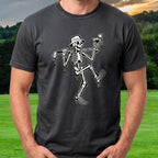 Martini Skeleton Strut Street Art Tee worn on the golf course, Black