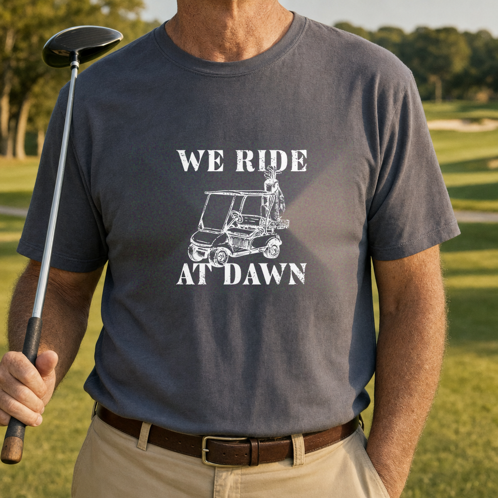 We Ride At Dawn Cart Tee worn on the golf course, Dark Heather