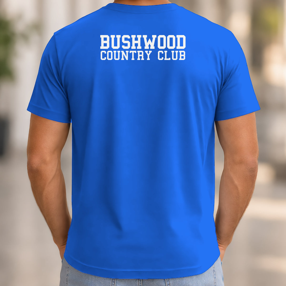 Bushwood Country Club Varsity Back Print Tee worn, Royal