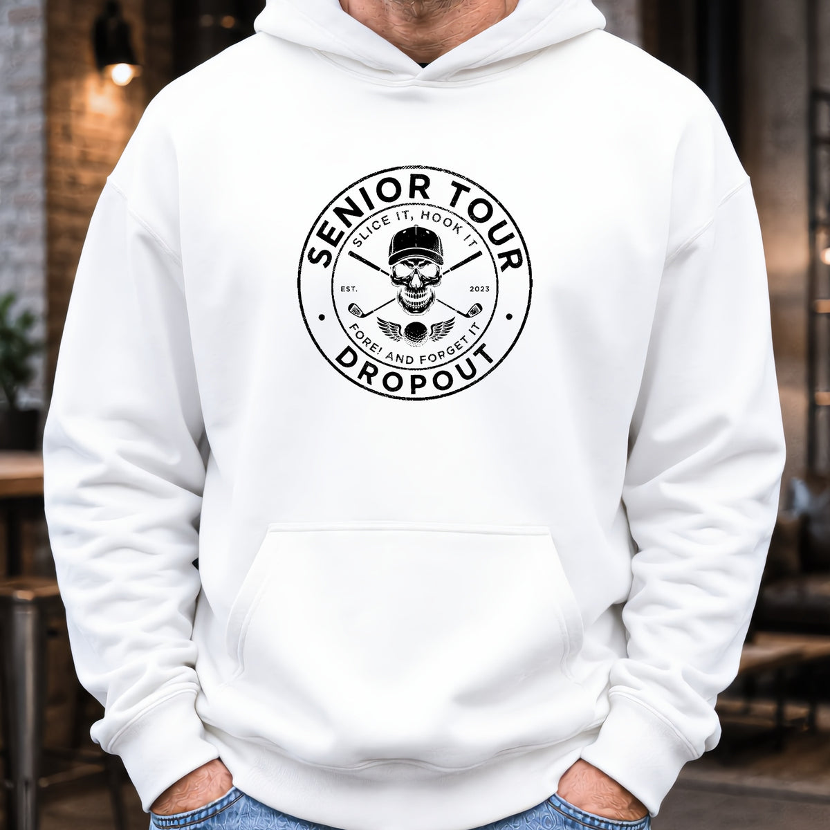 Senior Tour Dropout Hoodie worn, White