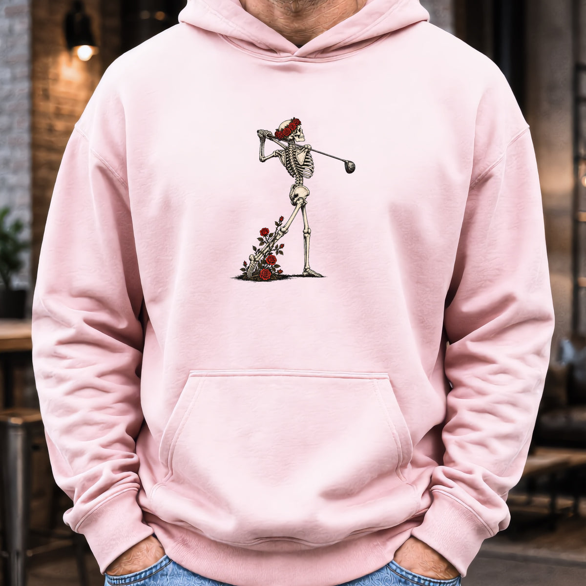 Rose Skeleton Follow Through Hoodie worn, Light Pink