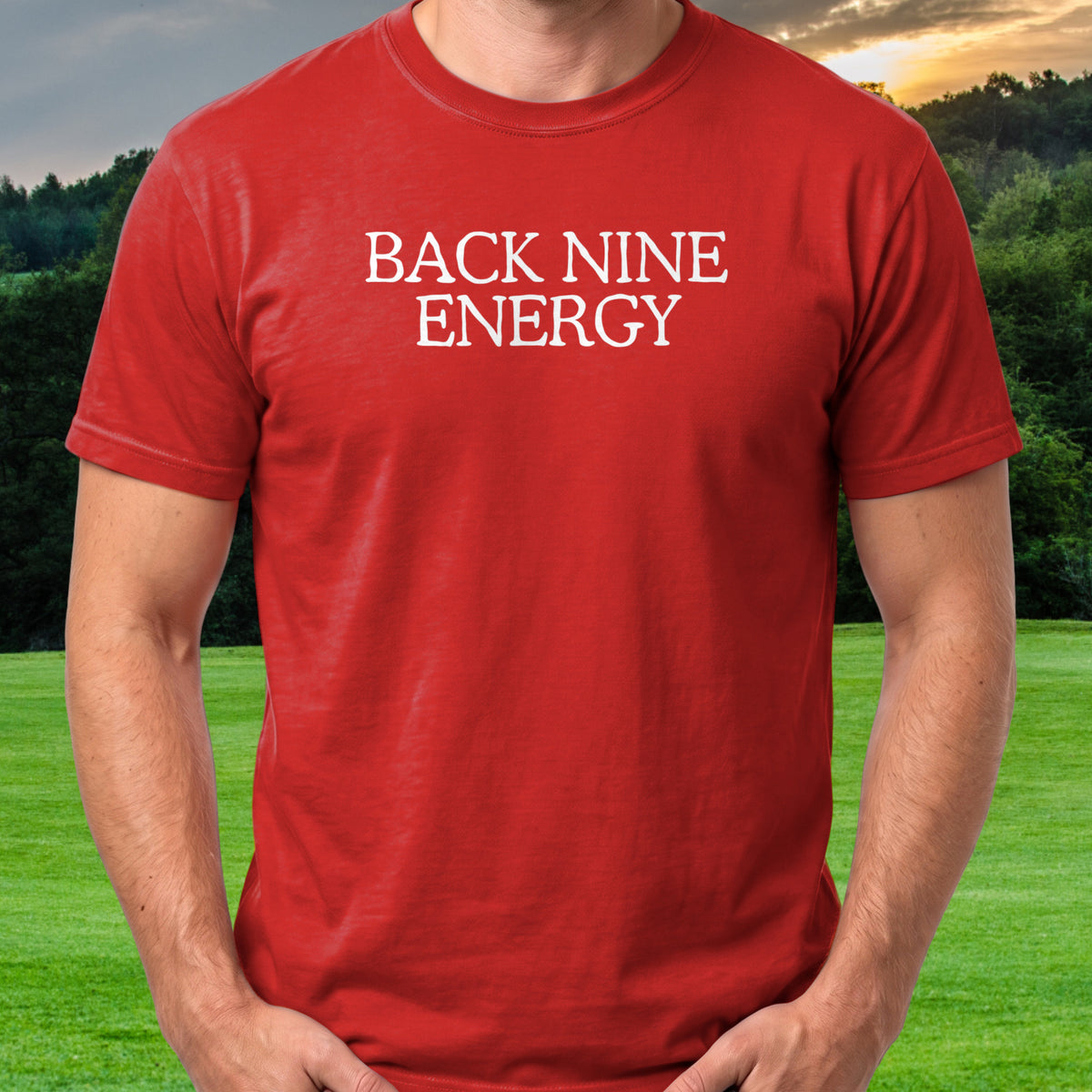 Back Nine Energy Tee worn on the golf course, Red
